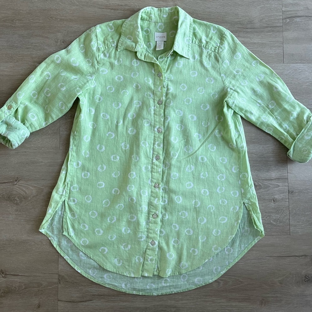Chico’s Green collared button Linen Blend Blouse XS